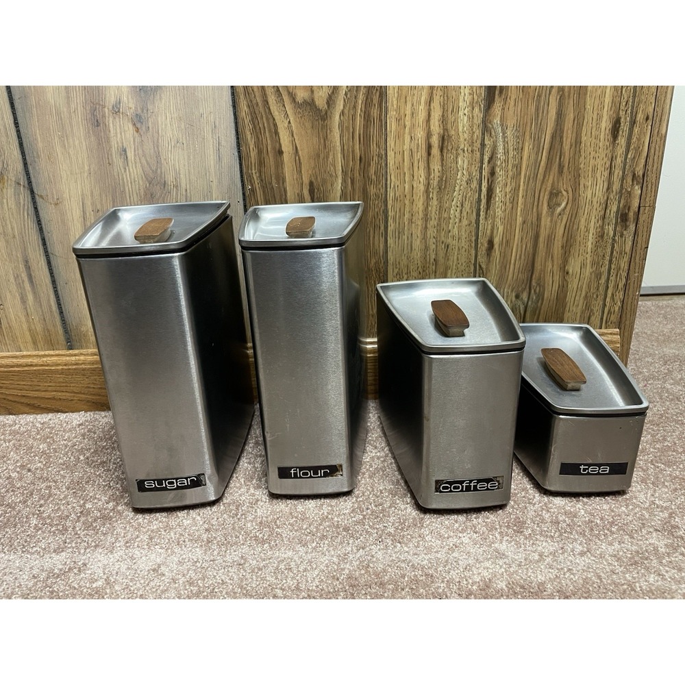 Lincoln Beautyware Stainless Canister Stacking 4 Pc Set Wood Handles MCM Retro